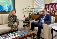 Danish Ambassador Maja Derrous Mortensen and Professor Ahsan Iqbal discussing water cooperation