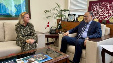 Danish Ambassador Maja Derrous Mortensen and Professor Ahsan Iqbal discussing water cooperation