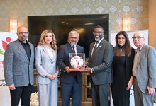 Consul General Zaman Mehdi presents a made-in-Pakistan football to Chicago Mayor Brandon Johnson